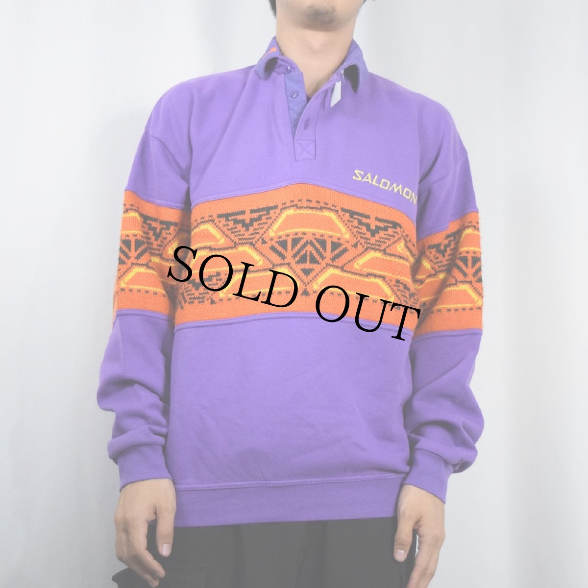 画像2: 90's SALOMON FRANCE製 ニット切り替え ロゴ刺繍 ハーフスナップスウェット S (2)