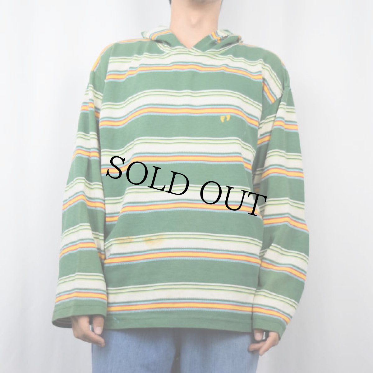 画像2: 90's HANG TEN USA製 マルチボーダー柄 フード付きロンT XL (2)