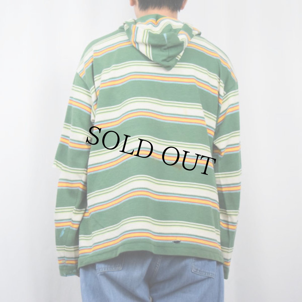 画像3: 90's HANG TEN USA製 マルチボーダー柄 フード付きロンT XL (3)