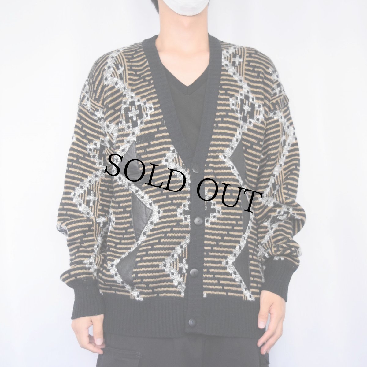 画像2: 90's OAKTON 柄編み レザーパッチ付き アクリルニットカーディガン 2XL (2)