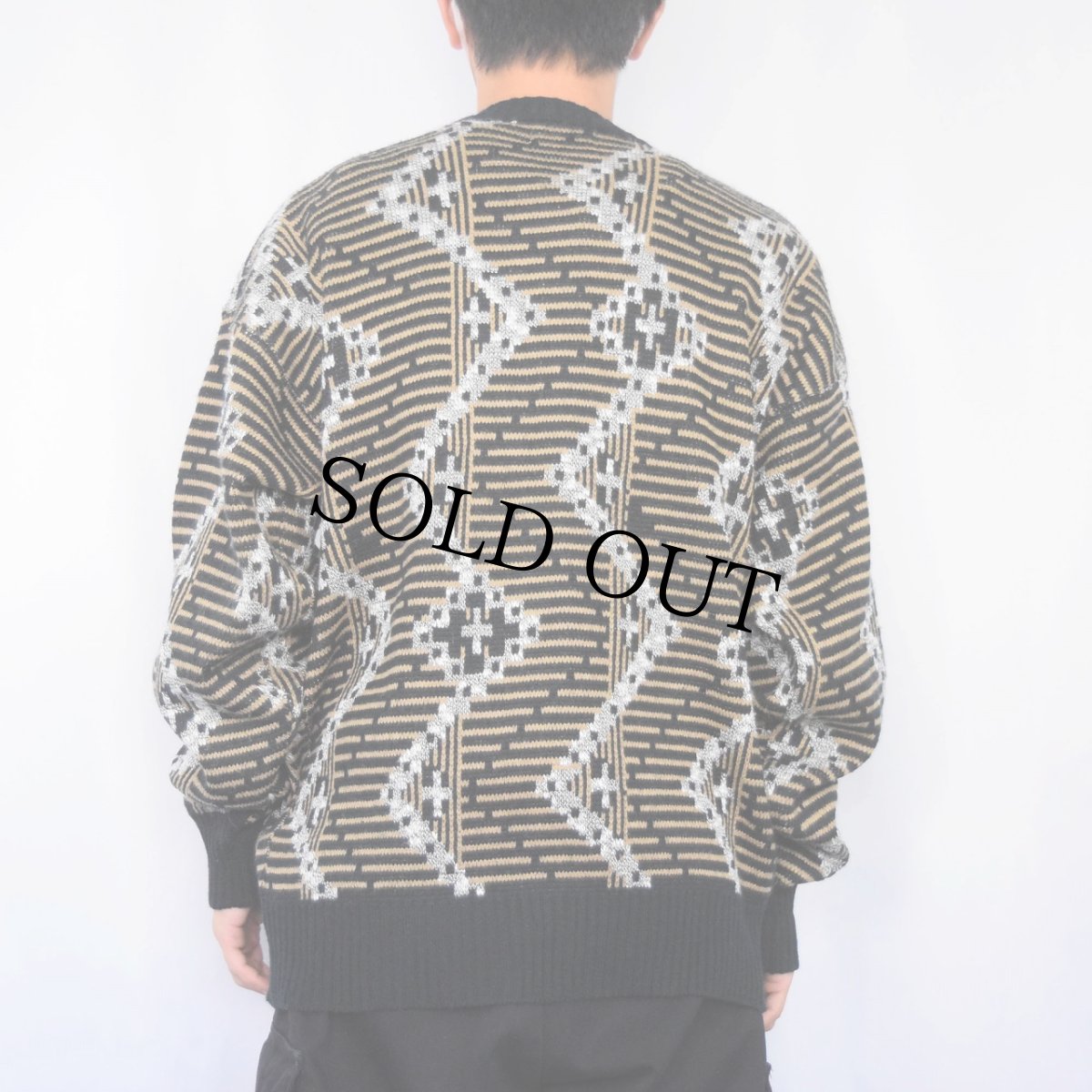 画像3: 90's OAKTON 柄編み レザーパッチ付き アクリルニットカーディガン 2XL (3)