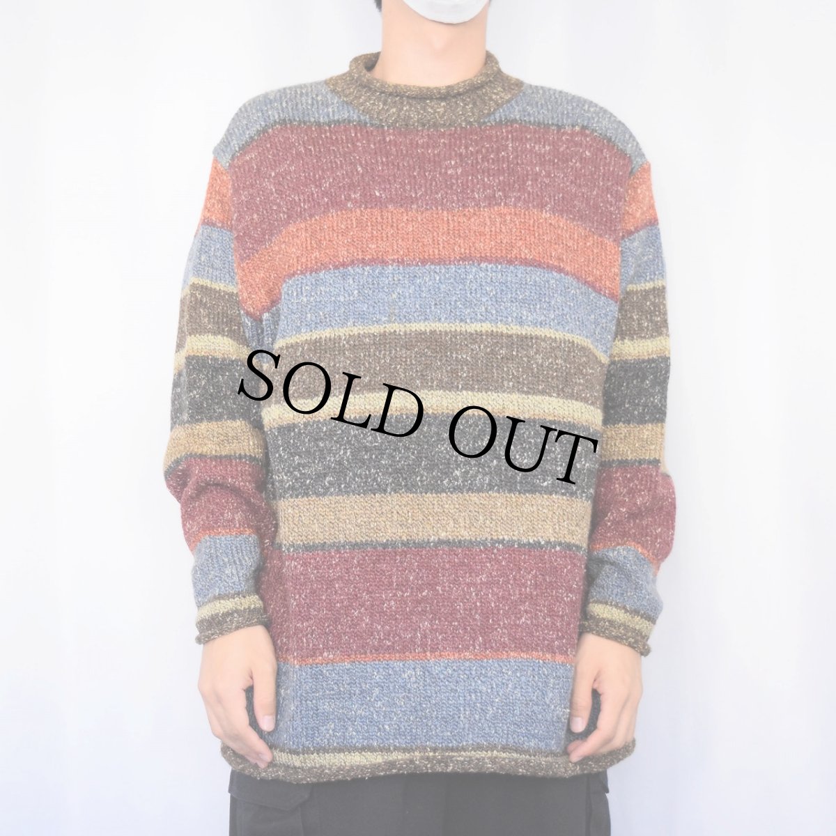 画像2: 90's ST JOHN'S BAY マルチボーダー柄 ロールネック アクリルニットセーター XL (2)
