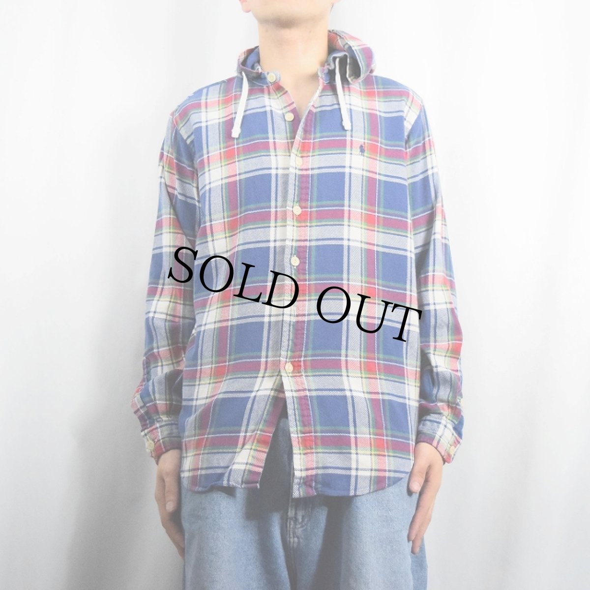 画像2: POLO Ralph Lauren チェック柄 フード付きネルシャツ M (2)