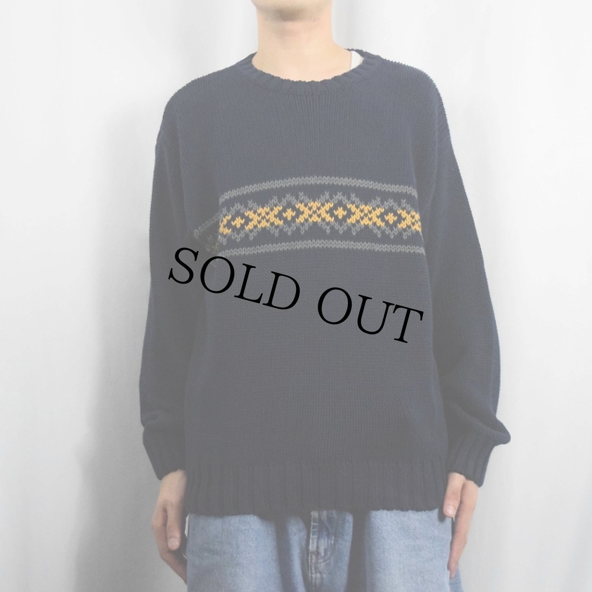 画像2: 90's Eddie Bauer 柄編み コットンニットセーター NAVY M (2)