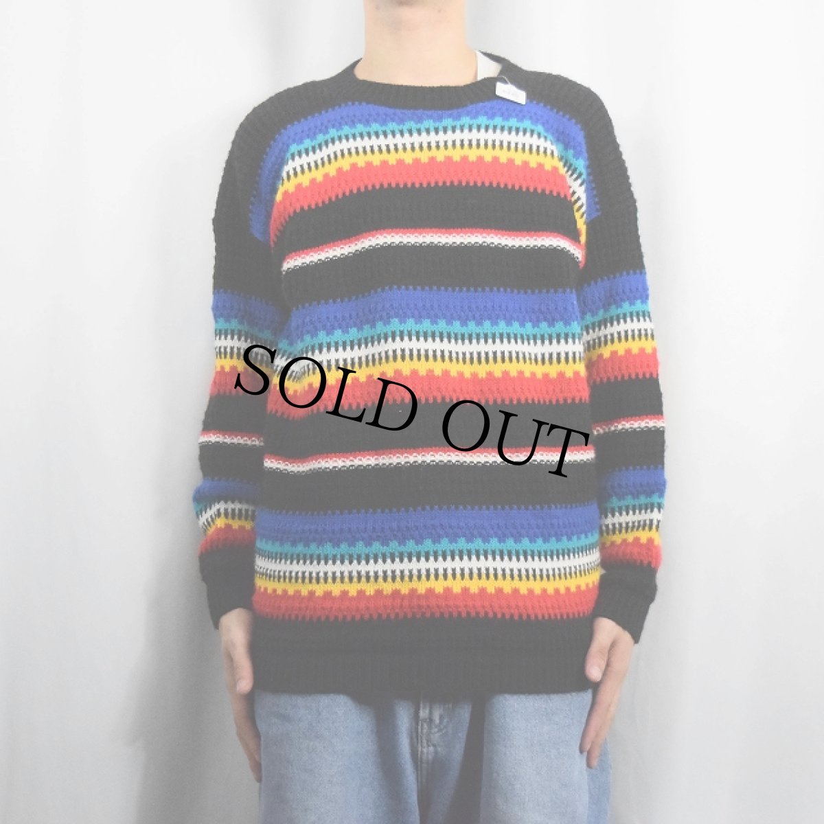 画像2: 80's Cuddle Knit USA製 マルチボーダー柄 アクリルニットセーター L (2)