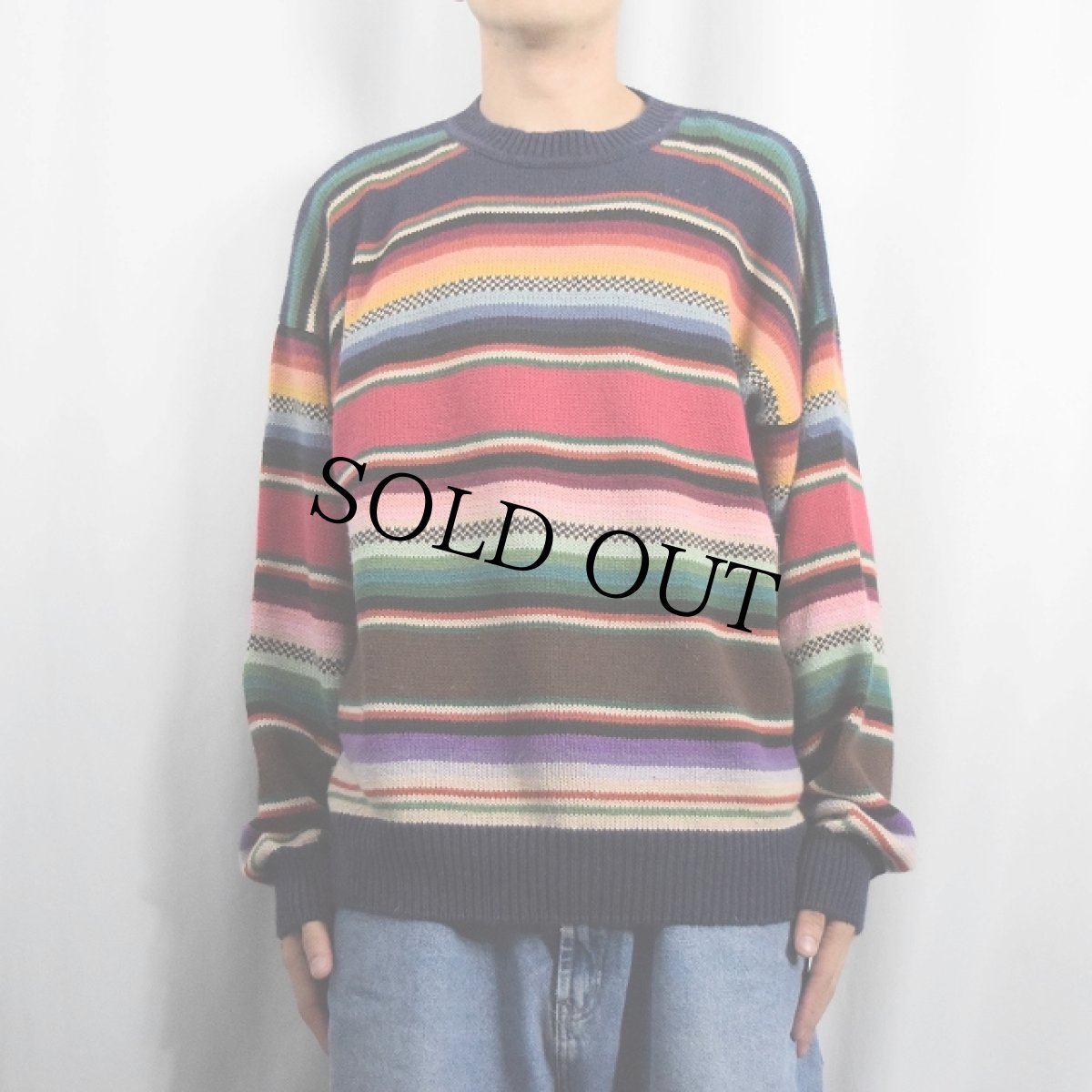 画像2: STRUCTURE マルチボーダー柄 ラミー×コットンニットセーター L (2)