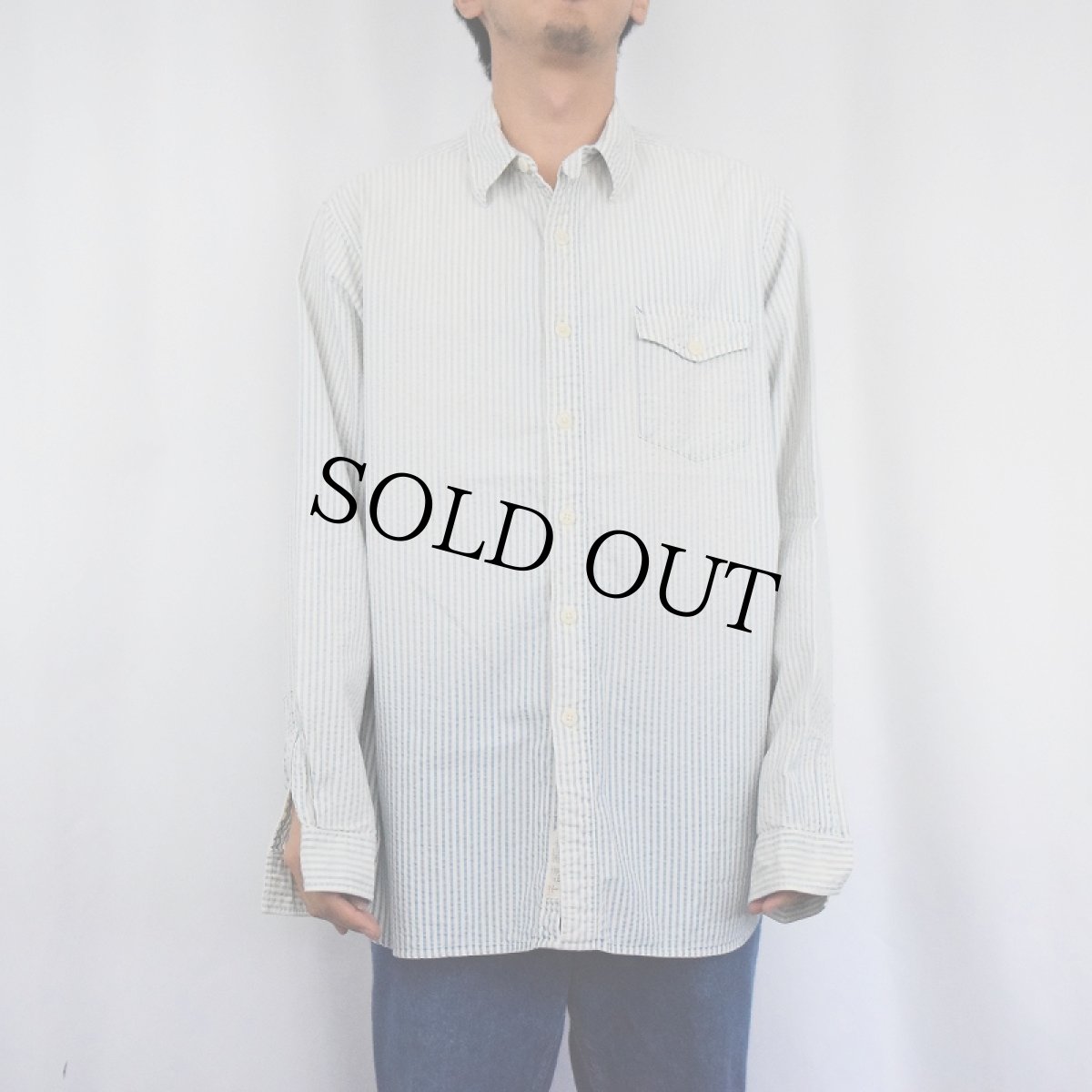 画像2: POLO Ralph Lauren ストライプ柄 マチ付き シアサッカーシャツ L (2)