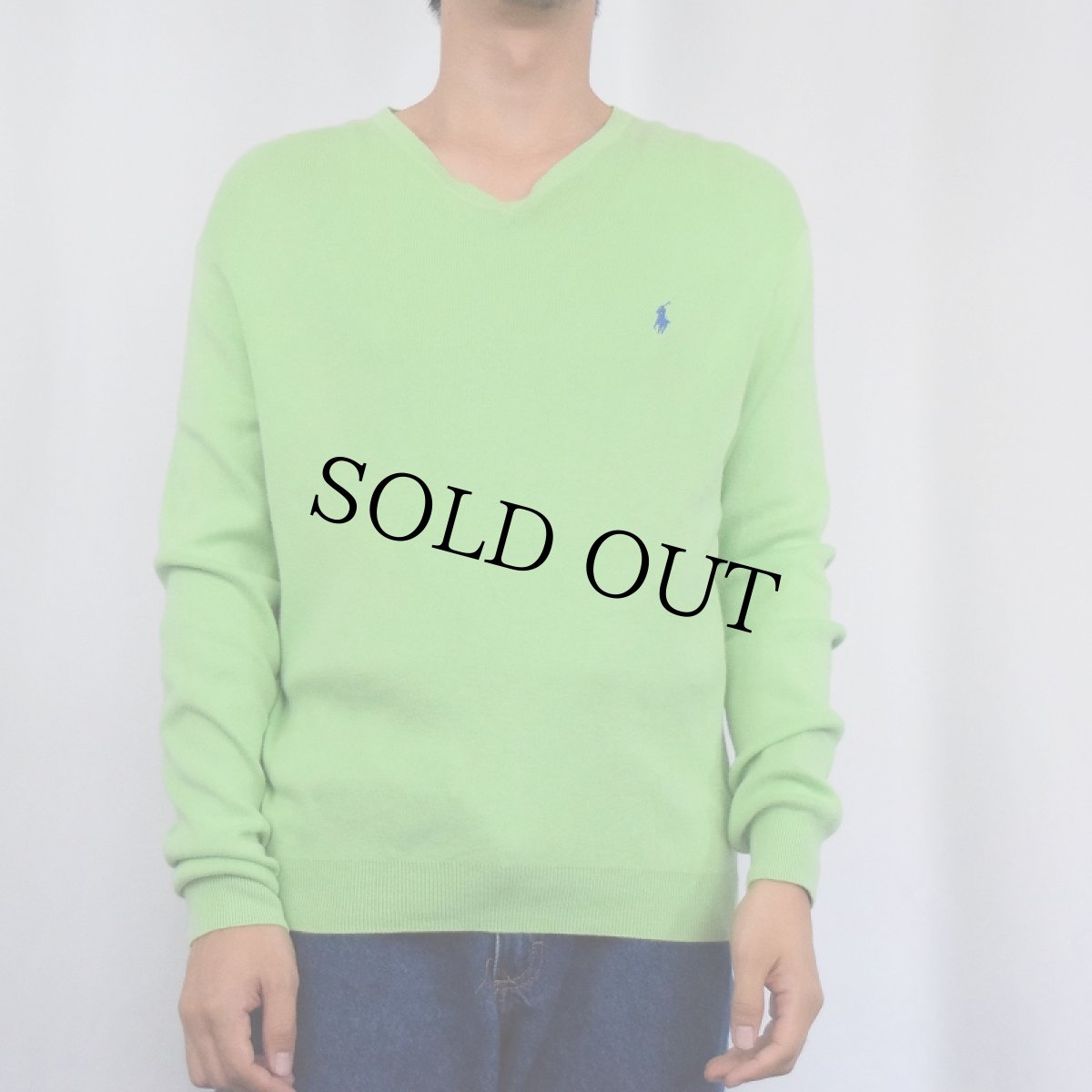 画像2: POLO Ralph Lauren ロゴ刺繍 Vネック ピマコットンニットセーター M (2)