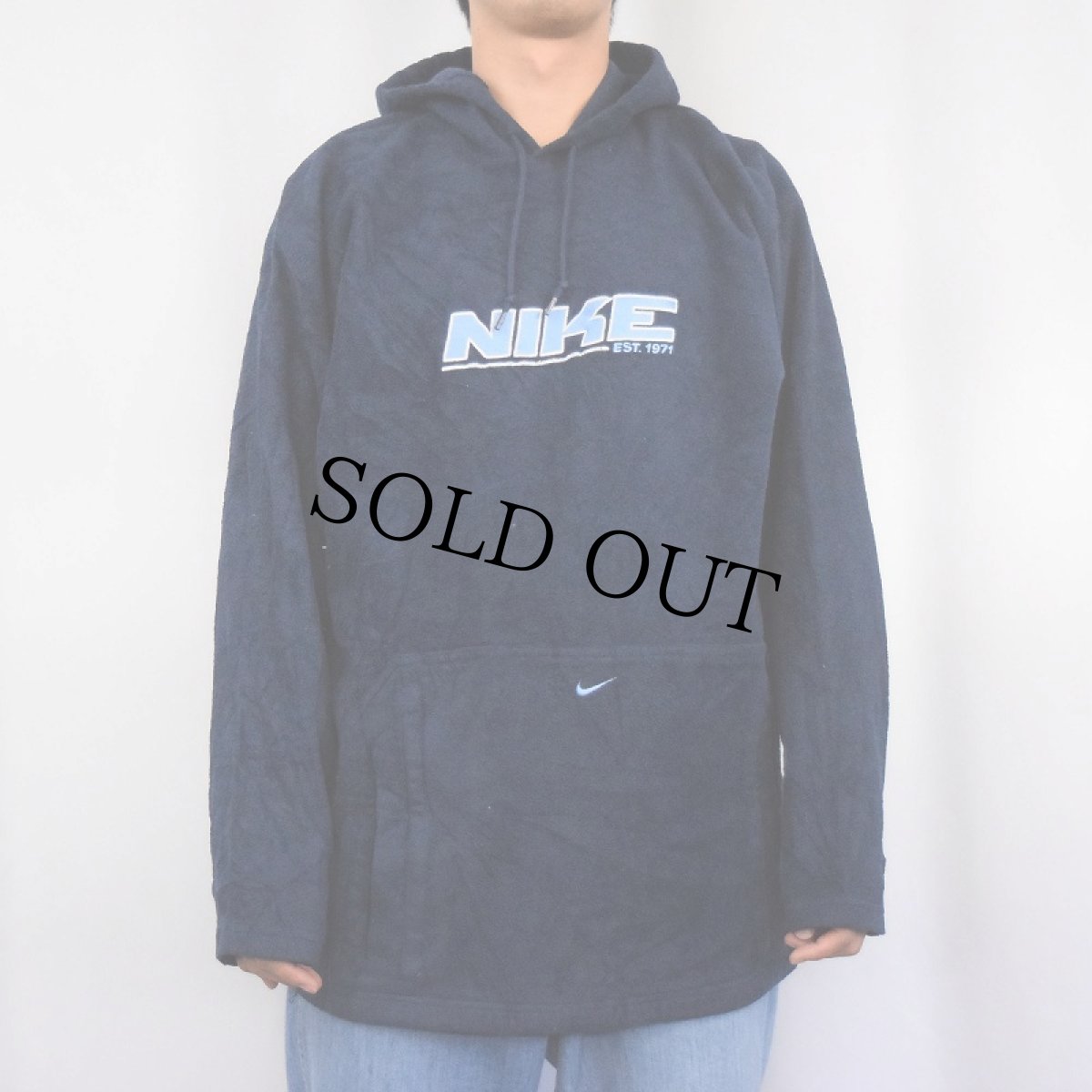 画像2: NIKE ロゴ刺繍 フリーススウェットフーディー NAVY XL (2)