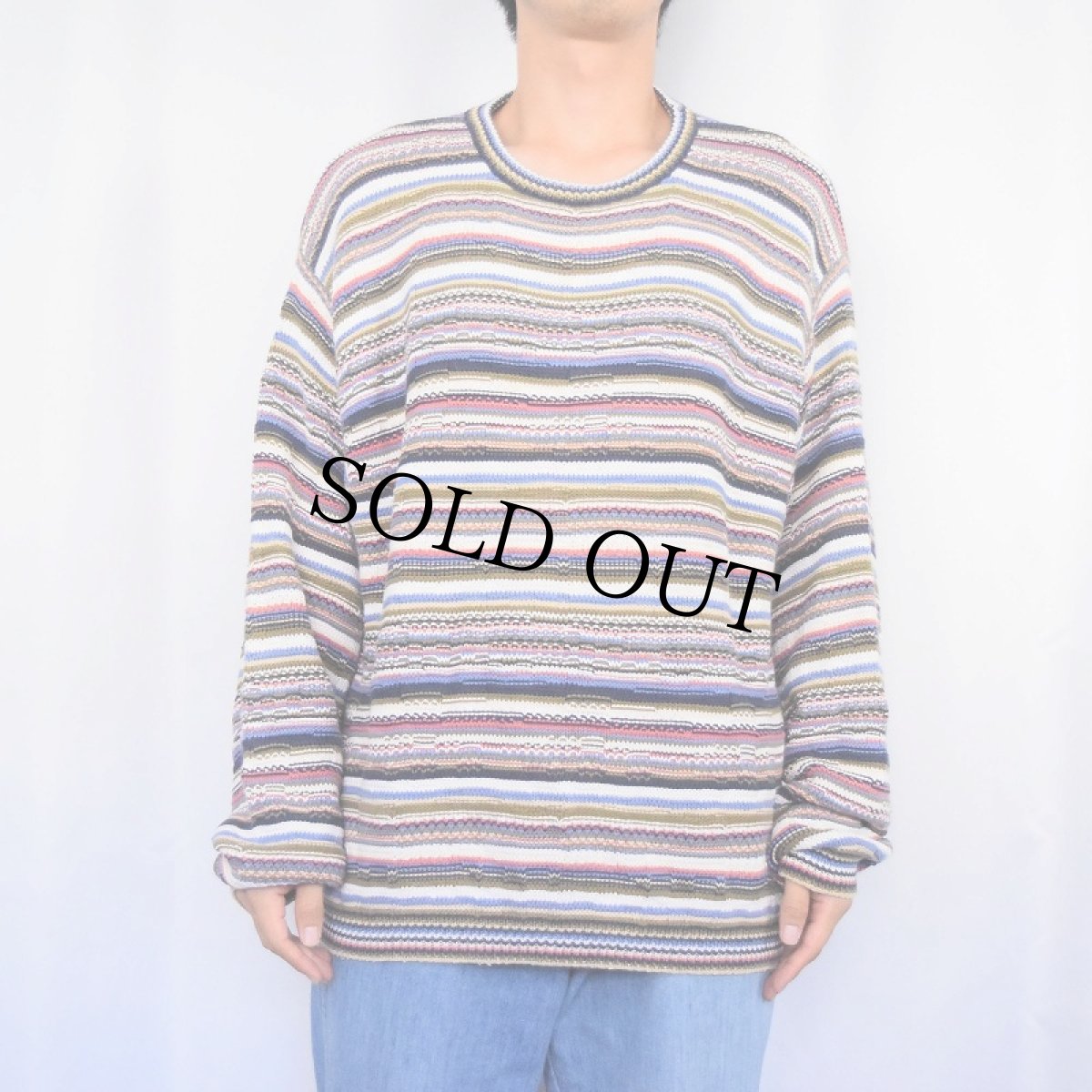 画像2: 80〜90's benetton ITALY製 マルチボーダー柄 コットンニットセーター (2)