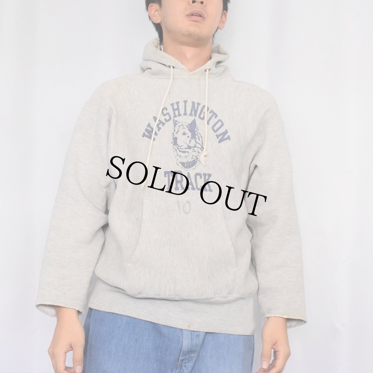 画像2: 70's Champion REVERSE WEAVE 黄単色タグ USA製 "WASHINGTON TRACK" カットオフ 染み込みプリントスウェットフーディー XL (2)