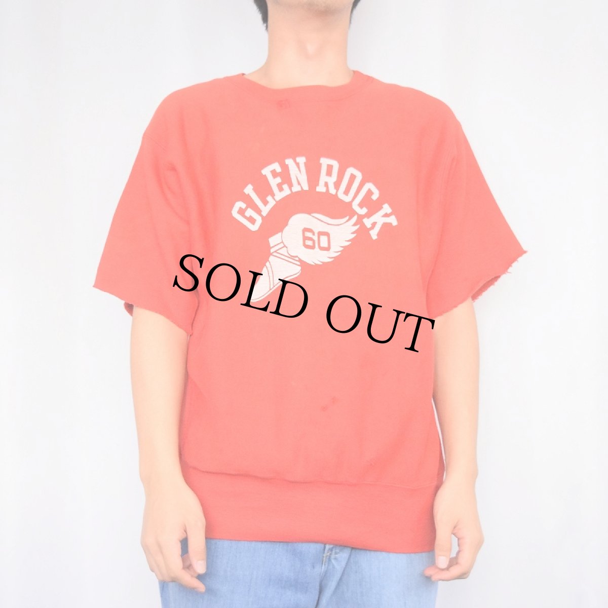 画像2: 70's Champion REVERSE WEAVE 赤単色タグ USA製 "GLEN ROCK" カットオフ ウイングフットプリント 半袖スウェット M (2)