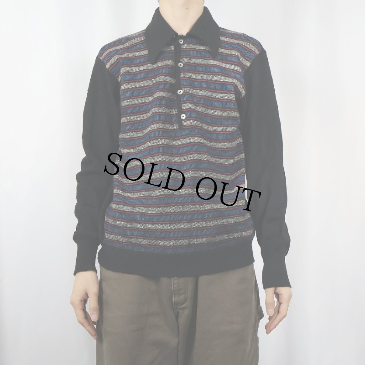 画像2: 70's HUDSON'S ITALY製 ボーダー柄 ウールニットポロシャツ (2)