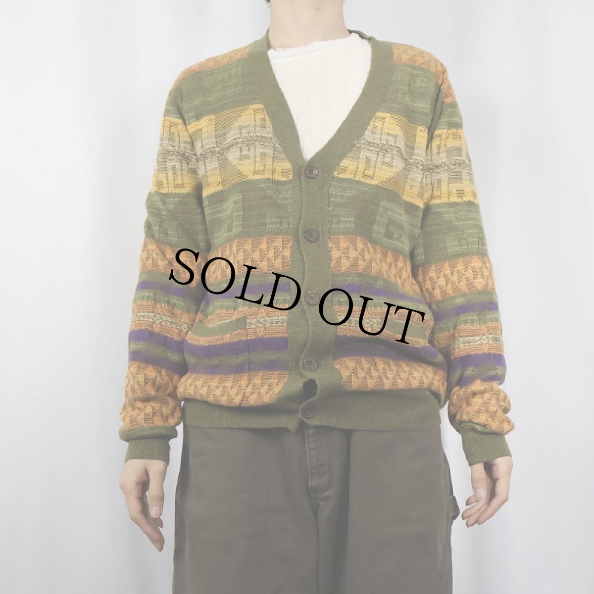 画像2: POLO Ralph Lauren ネイティブボーダー柄 コットン×カシミアニットカーディガン L (2)