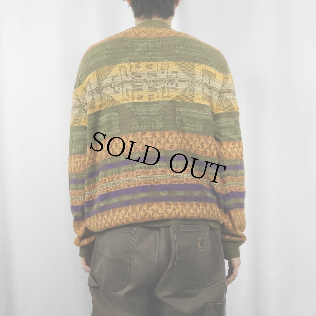 画像3: POLO Ralph Lauren ネイティブボーダー柄 コットン×カシミアニットカーディガン L (3)