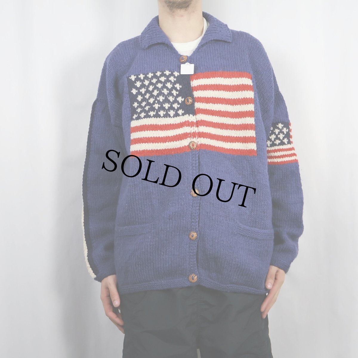 画像2: ECUADOR製 星条旗柄編み ウールニットカーディガン (2)