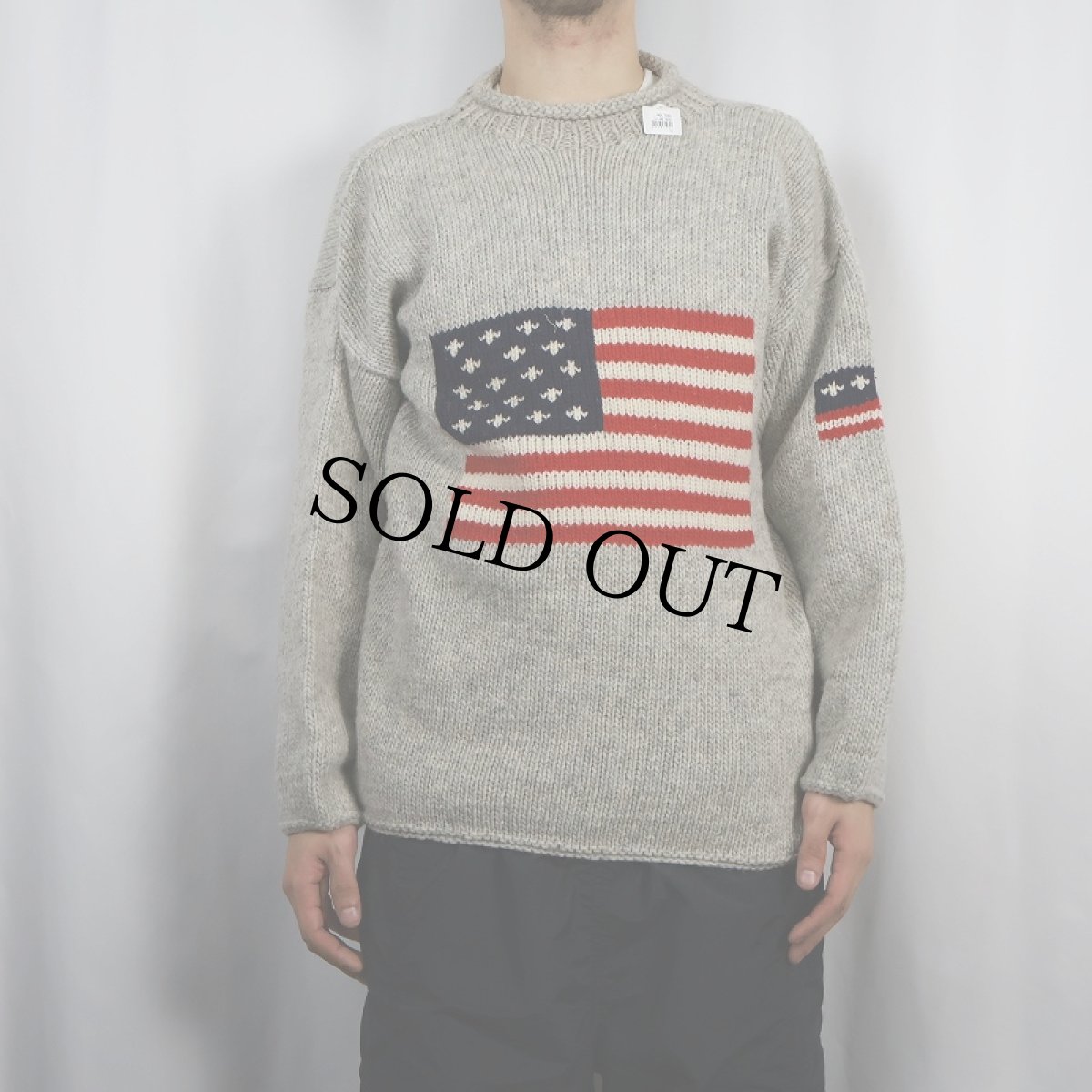 画像2: 星条旗柄編み ロールネック ウールニットセーター (2)