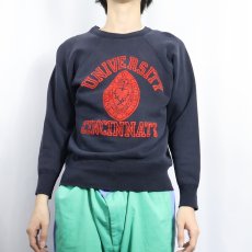 画像2: 60's Nowrich USA製 "UNIVERSITY CINCINNATI" フロッキープリント ラグランスウェット NAVY M (2)