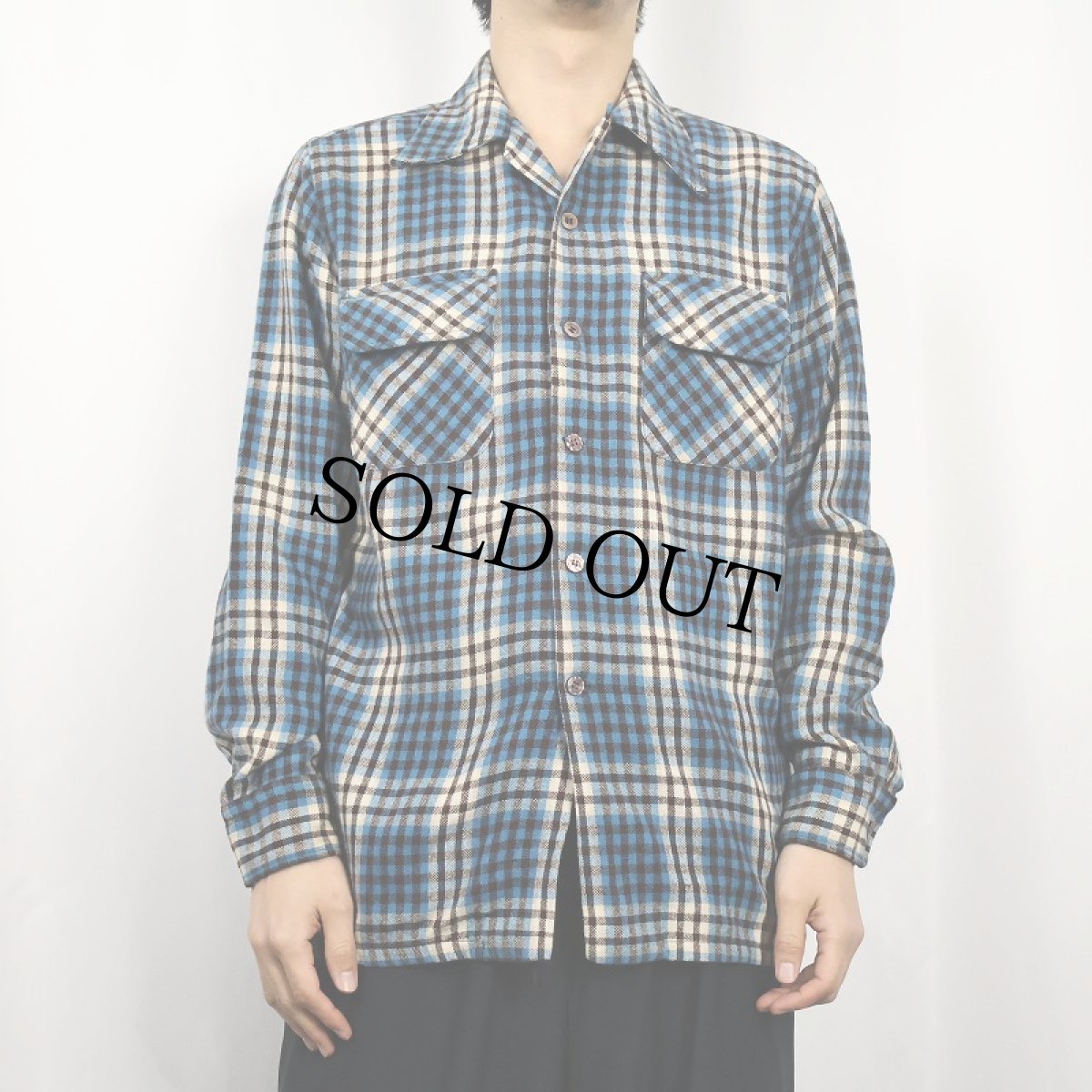 画像2: 70's JCPenney チェック柄 ウール×ポリエステル オープンカラーシャツ M (2)
