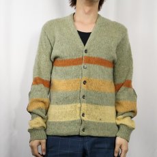 画像2: 60〜70's Sedgewick ボーダー柄 エルボーパッチ付き ウール×モヘアニットカーディガン M (2)