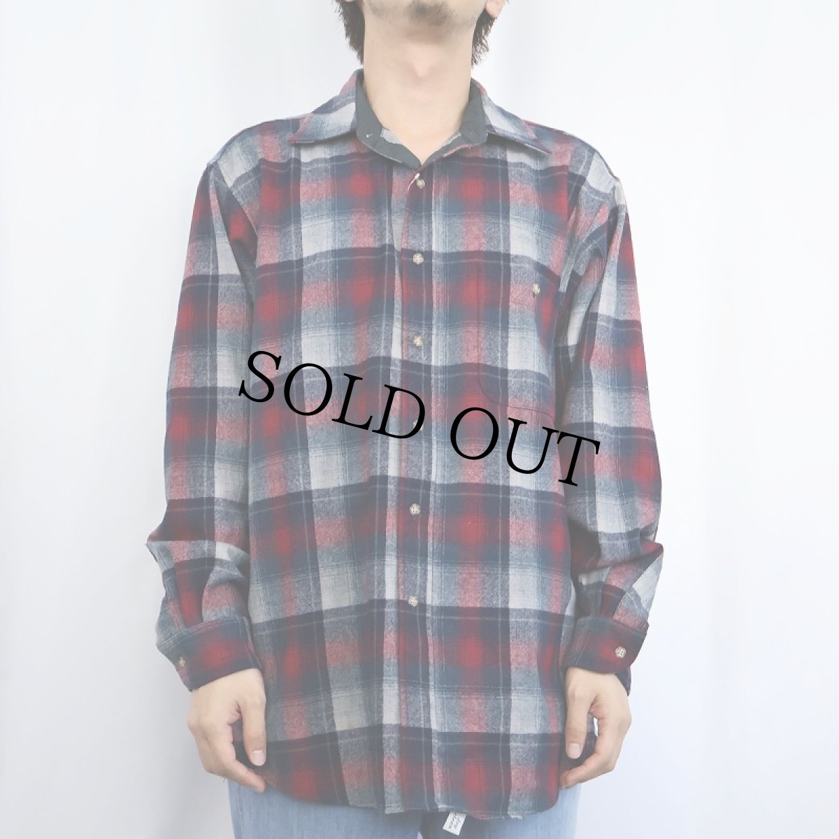 画像2: 80's PENDLETON USA製 オンブレーチェック柄 エルボーパッチ付き ウールシャツ L (2)