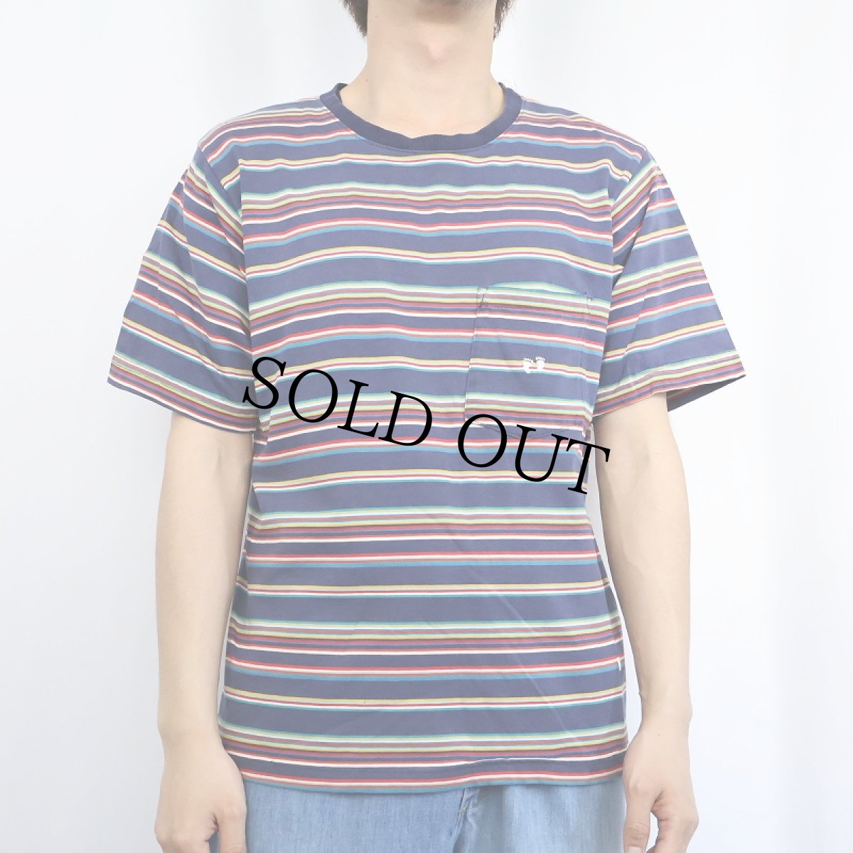 画像2: 90's HANG TEN USA製 マルチボーダー柄 ポケットTシャツ M (2)