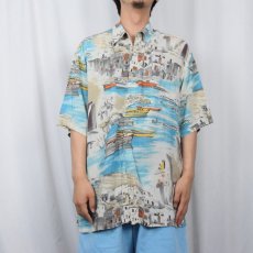 画像2: pierre cardin オールオーバーパターン 風景柄 レーヨンアロハシャツ L (2)