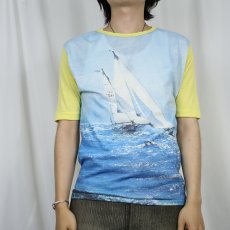 画像2: 70's Pan Knit ヨット大判プリント ポリエステルTシャツ L (2)