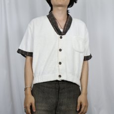 画像2: 70's STATE-O-MAINE チェック柄切り替え ノーカラーパイルシャツ M (2)
