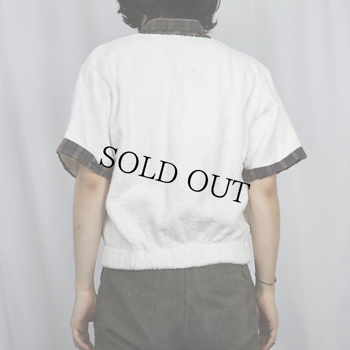 画像3: 70's STATE-O-MAINE チェック柄切り替え ノーカラーパイルシャツ M (3)