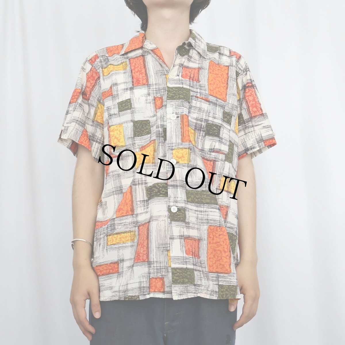 画像2: 60's Golden Arrow FRANCE製 総柄 コットンシャツ M (2)