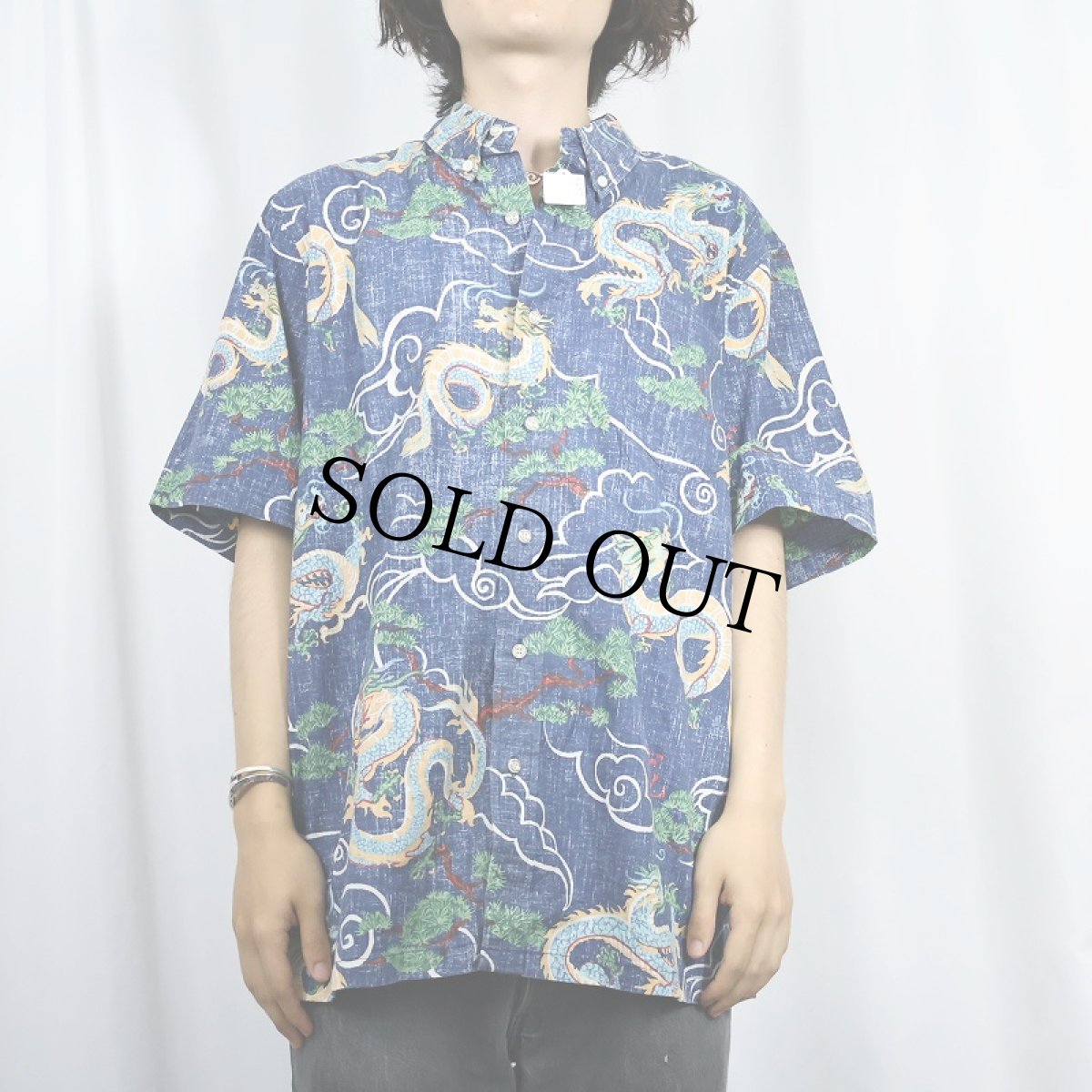画像2: Reyn Spooner 龍柄 コットン×ポリエステルボタンダウンシャツ L (2)