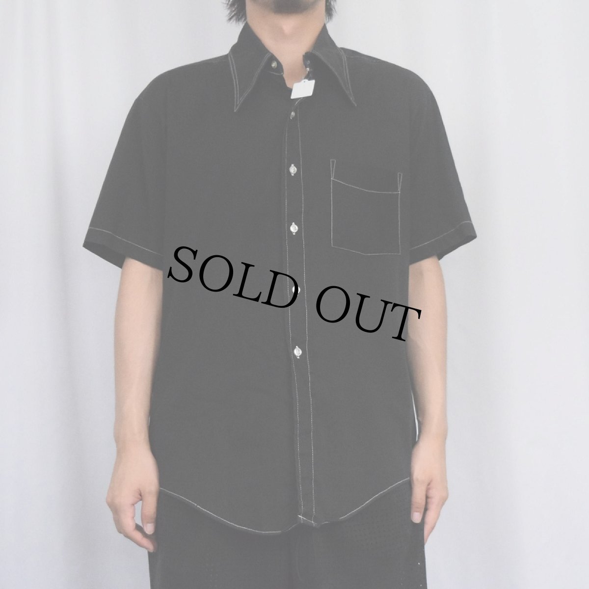 画像2: 70's WESTVALE ステッチデザイン ポリエステル×コットンシャツ BLACK L (2)