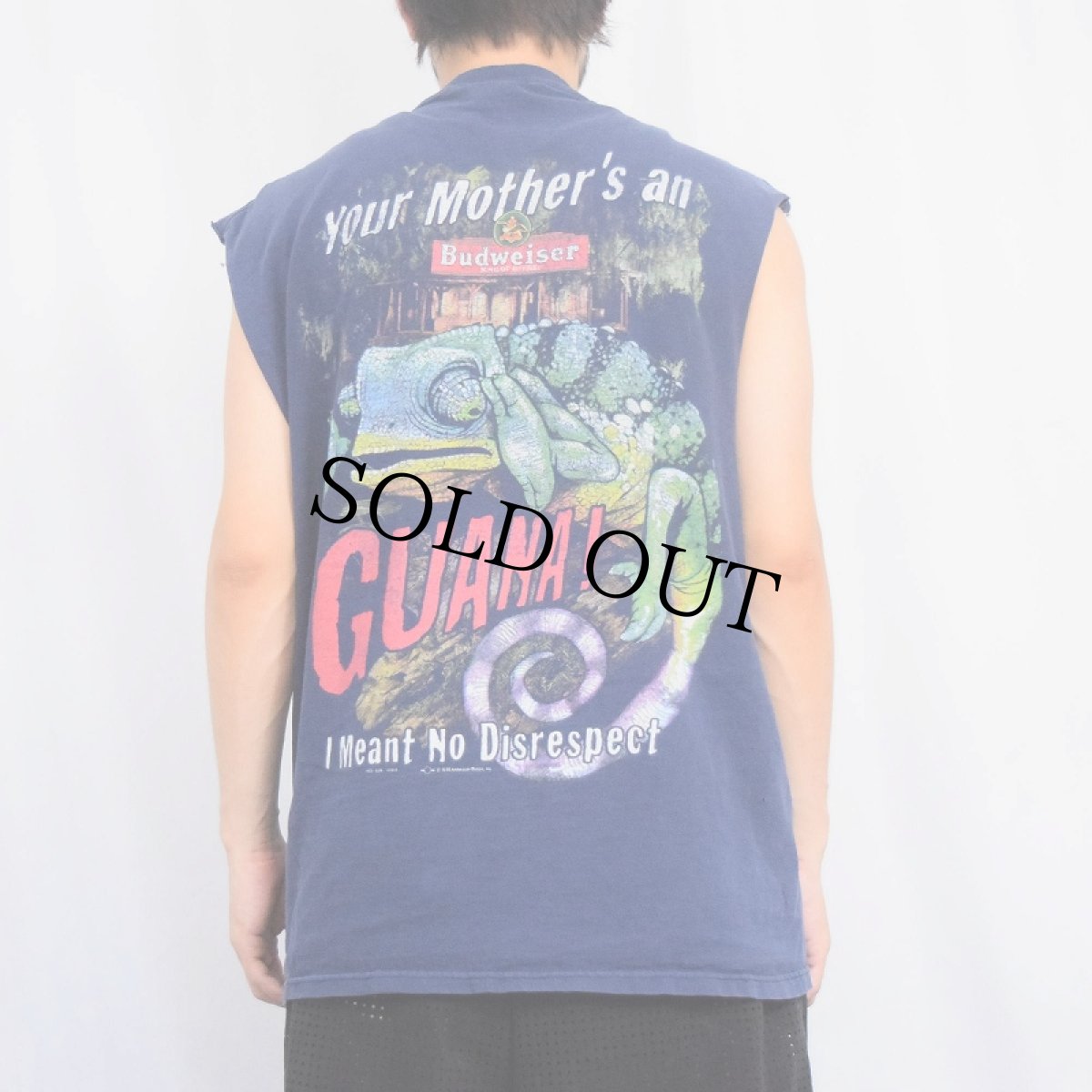 画像4: 90's Budweiser ビールメーカー カットオフスリーブＴシャツ NAVY L (4)