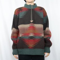 画像2: 90's ORVIS USA製 ネイティブ柄 ハーフジップ ウールニットセーター L (2)