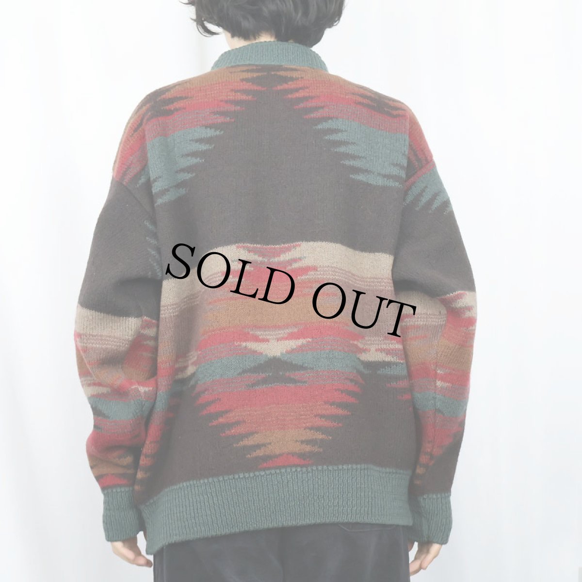 画像3: 90's ORVIS USA製 ネイティブ柄 ハーフジップ ウールニットセーター L (3)