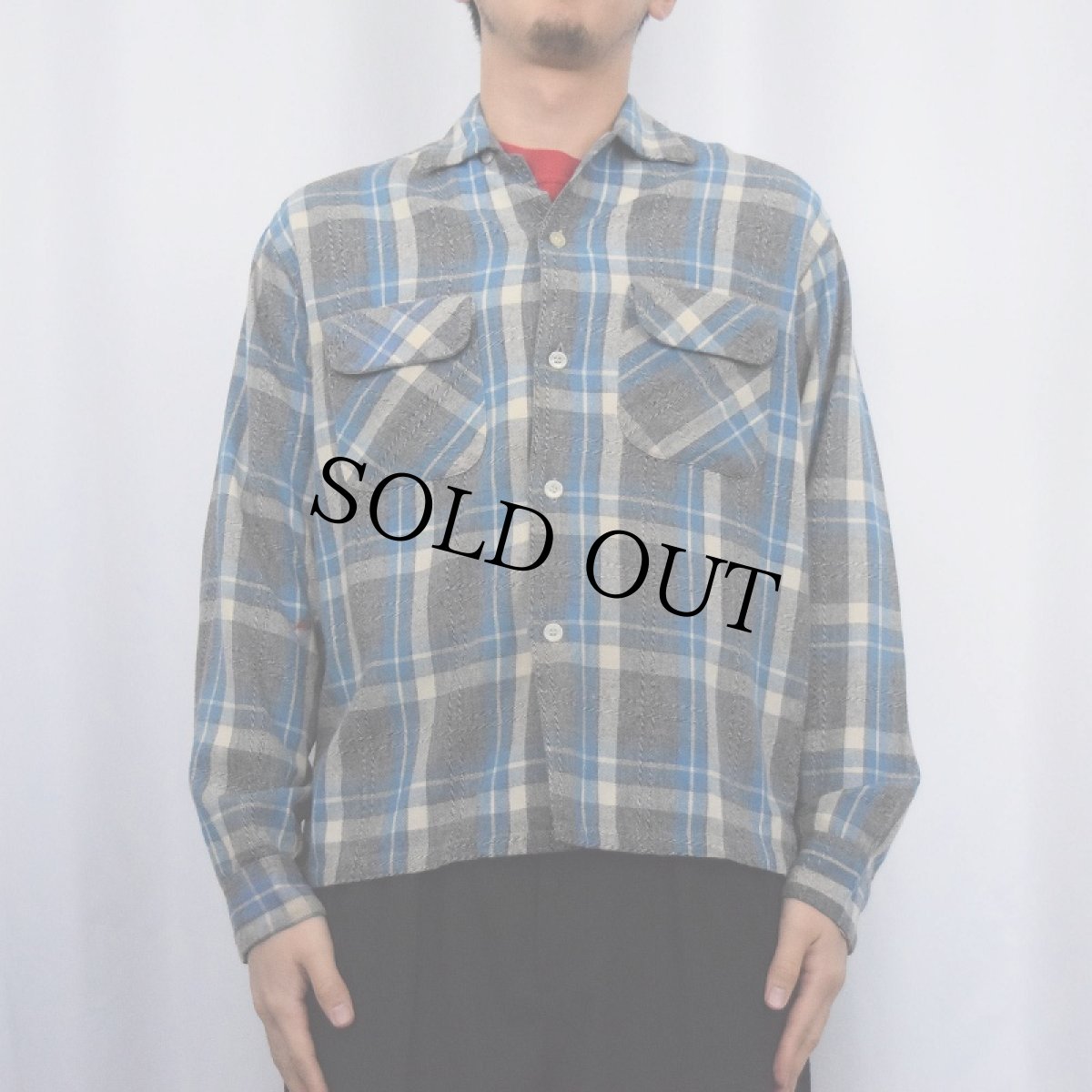 画像2: 50's Lanier チェック柄 アクリル×ウール オープンカラーシャツ M (2)