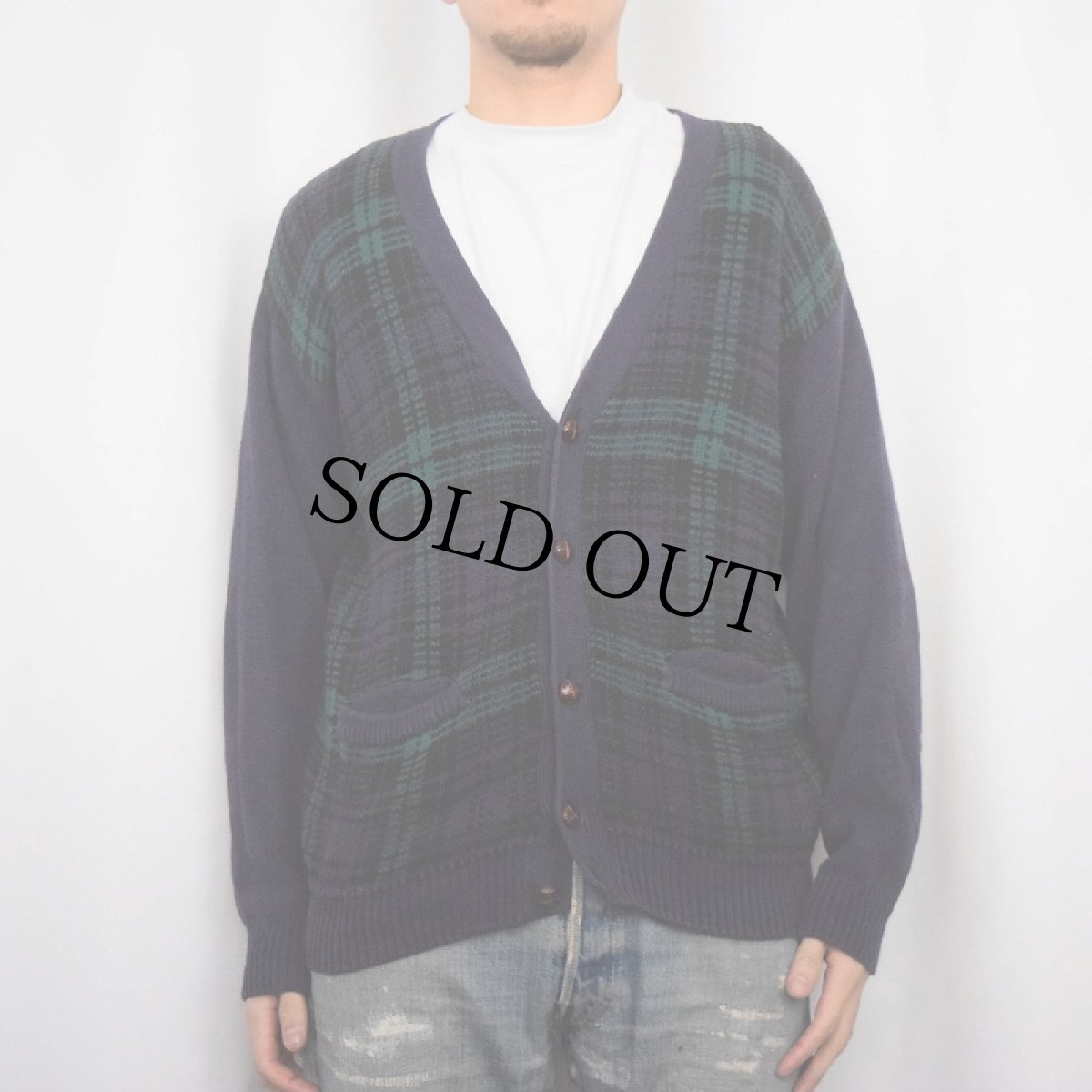 画像2: 90's GAP チェック柄 コットンニットカーディガン NAVY S (2)