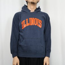 画像2: 80's USA製 "ILLINOIS" プリントラグランスウェットフーディー NAVY M (2)