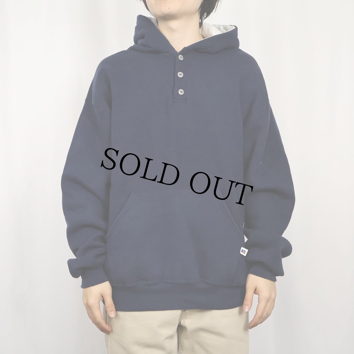 画像2: 90's RUSSELL ATHLETIC USA製 無地 ヘンリーネックスウェットフーディー NAVY XL (2)