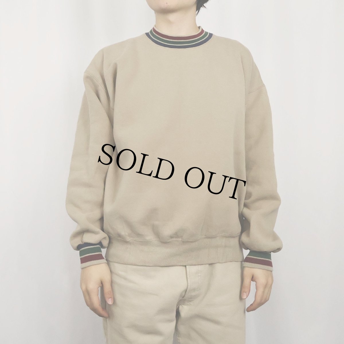 画像2: 90's JERZEES USA製 リブボーダー 無地スウェット L (2)