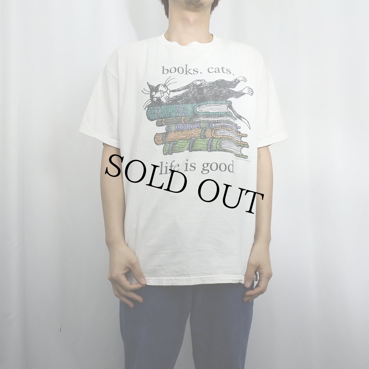 画像2: Edward Gorey USA製 "books.cats." 本×ねこプリントTシャツ L (2)