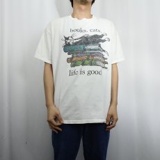 画像2: Edward Gorey USA製 "books.cats." 本×ねこプリントTシャツ L (2)