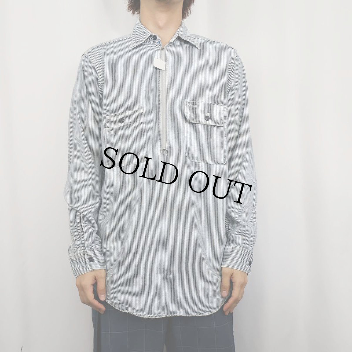 画像2: 〜60's ヒッコリーストライプ ハーフジップ コットンワークシャツ (2)