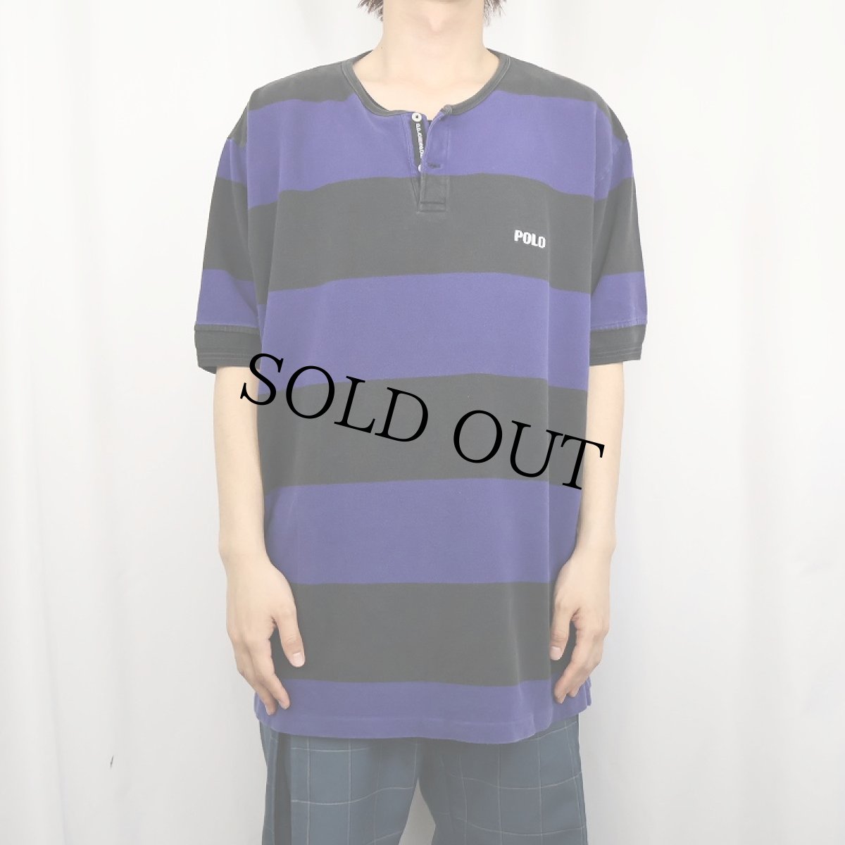 画像2: 90's POLO SPORT Ralph Lauren ボーダー柄 ヘンリーネック 鹿の子Tシャツ XXL (2)