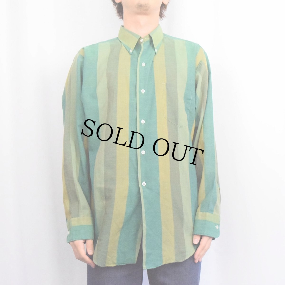 画像2: 70's BRENT ストライプ柄 ポリエステル×コットンボタンダウンシャツ L (2)