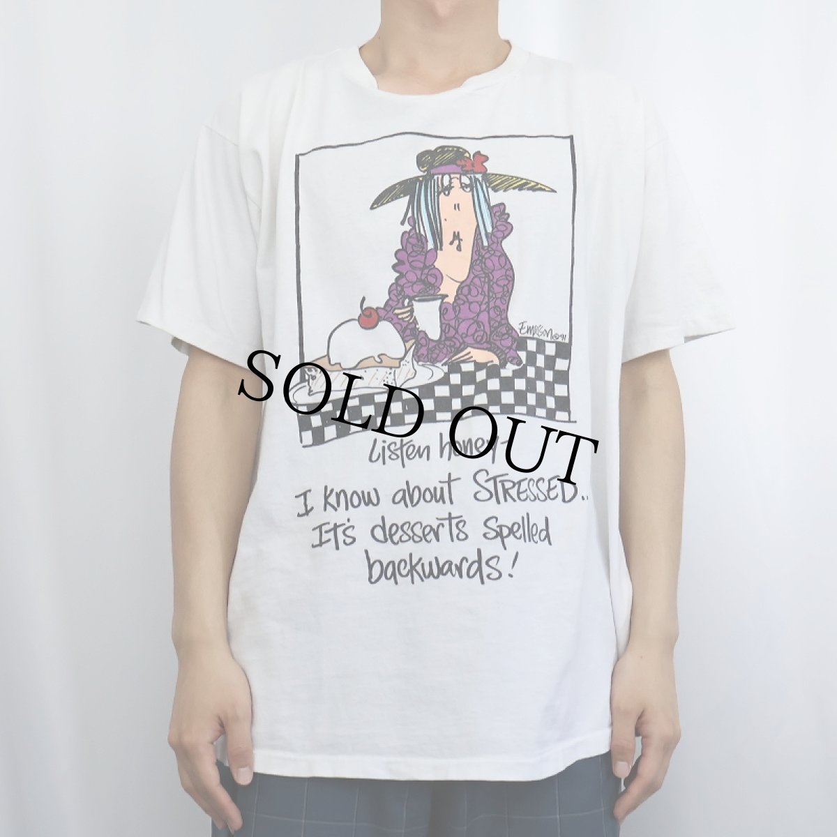 画像2: 90's Listen Honey USA製 "I Know about STRESSED..." イラストプリントTシャツ XL (2)