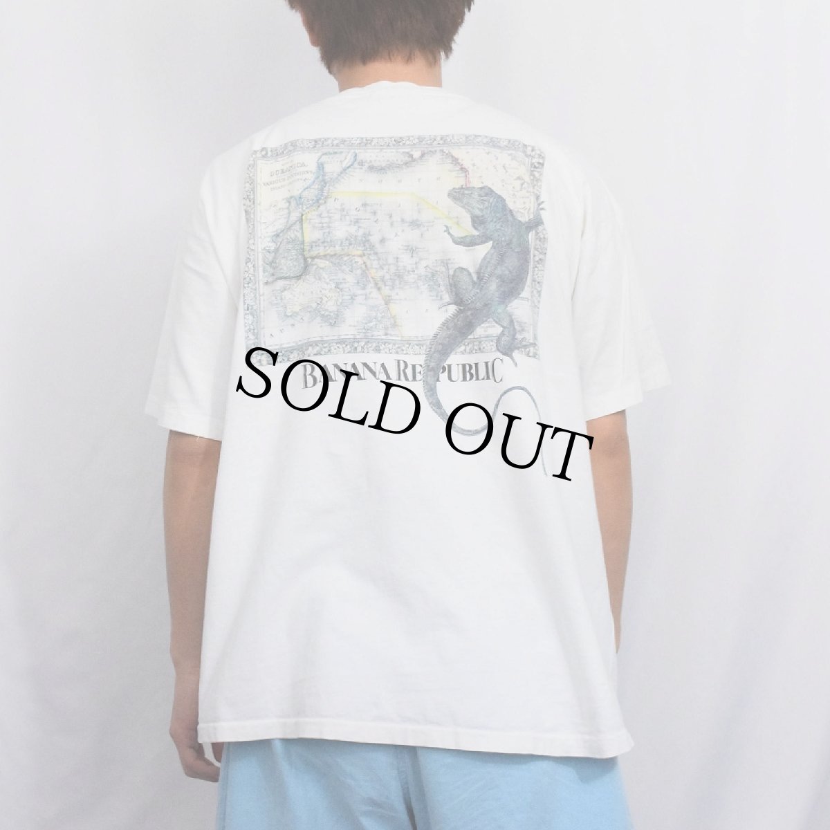 画像4: 90's BANANA REPUBLIC USA製 地図×イグアナプリント ポケットTシャツ XL (4)