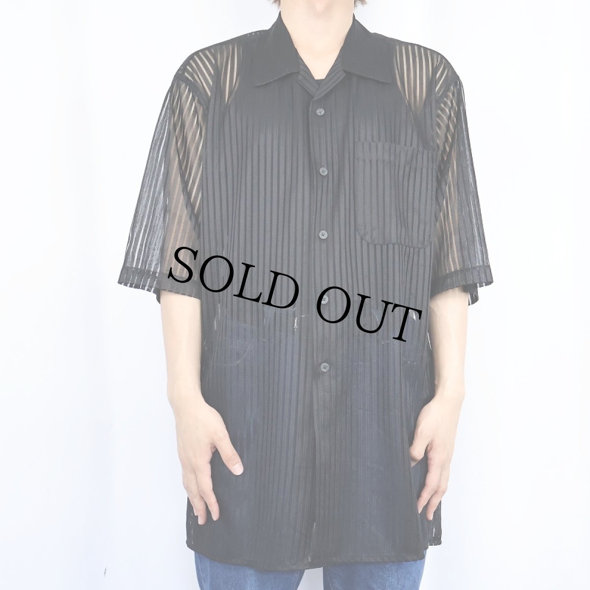 画像2: i Ber ストライプ柄 オープンカラーメッシュシャツ BLACK L (2)