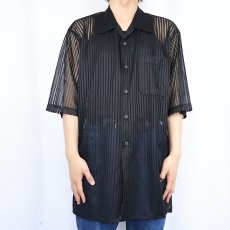 画像2: i Ber ストライプ柄 オープンカラーメッシュシャツ BLACK L (2)